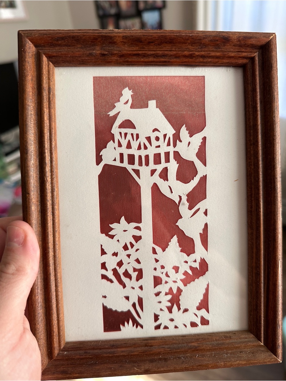 Vintage Scherenschnitte Paper Cut Art Birdhouse with Birds and Flowers, Framed